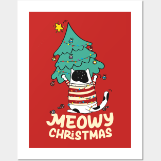 Funny Meowy Christmas Tuxedo Cat Xmas Tree Posters and Art